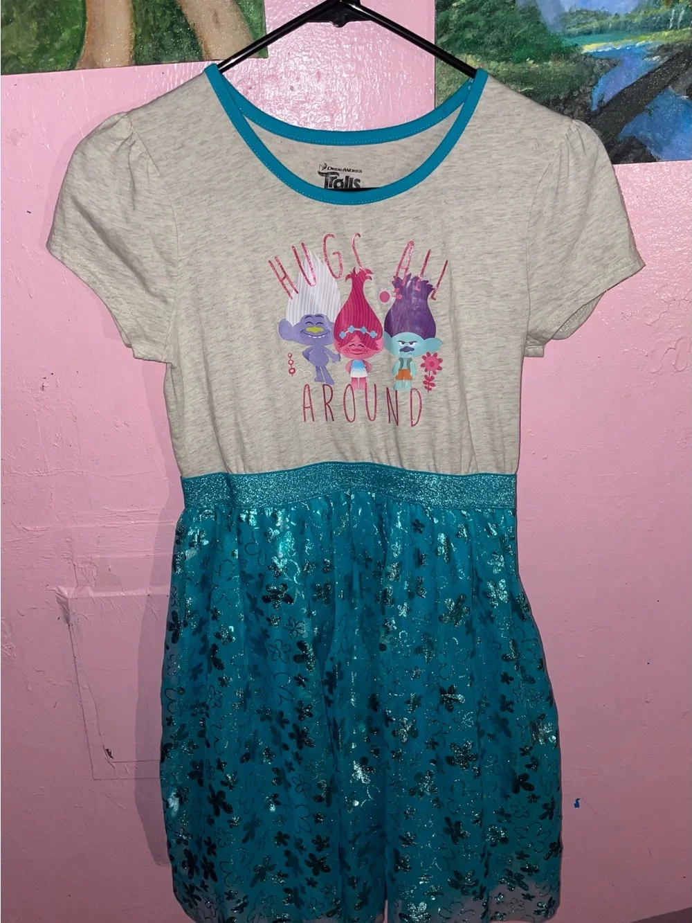 NWOT DreamWorks Trolls Hugs All Around Girls Dress Size (14-16) Teal Sparkle